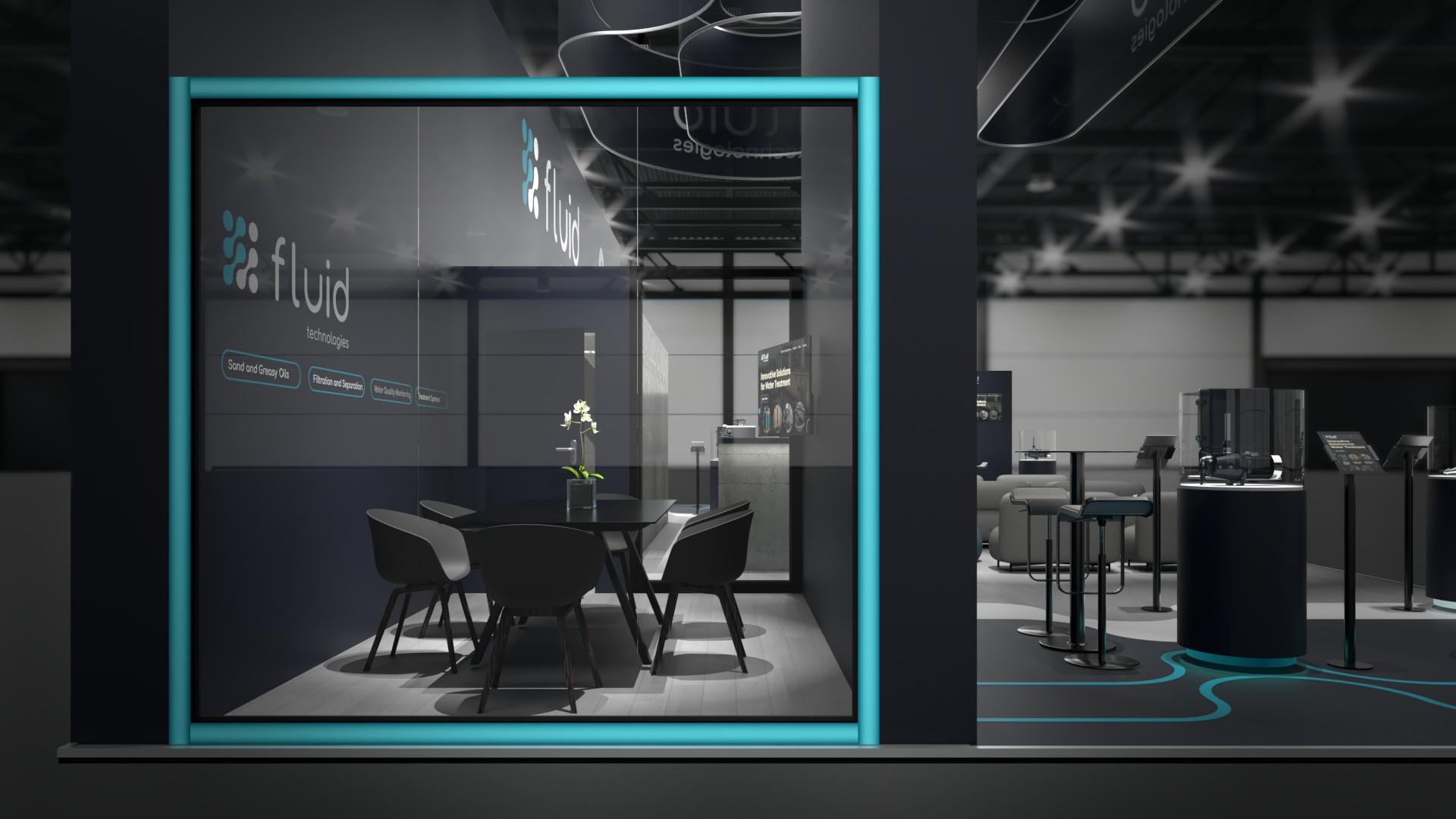 Glazed meeting room inside an exhibition stand with a dark table and four chairs