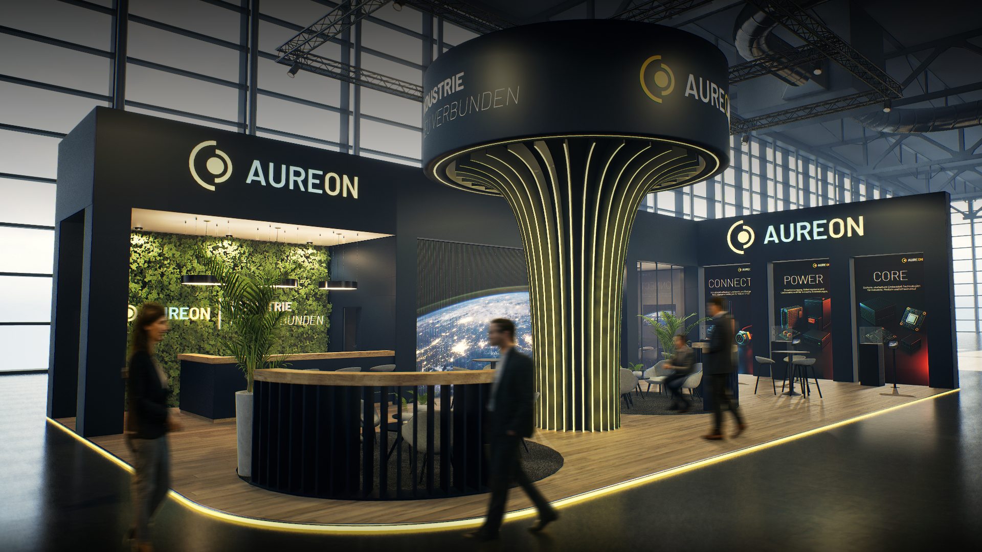 Messebau Rendering: Messestand Aureon, lichtinszenierter Eyecatcher